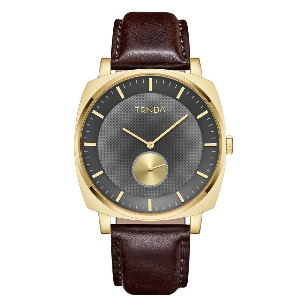 Trnda Men's Gold Stainless Steel Watch, Brown Leather | Trn-001