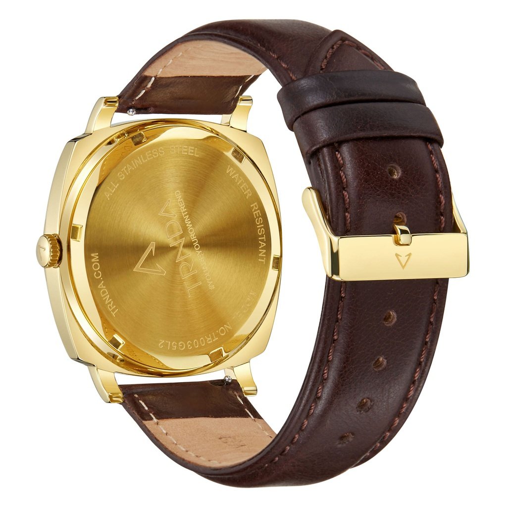 Trnda Men's Gold Stainless Steel Watch, Brown Leather | Trn-001
