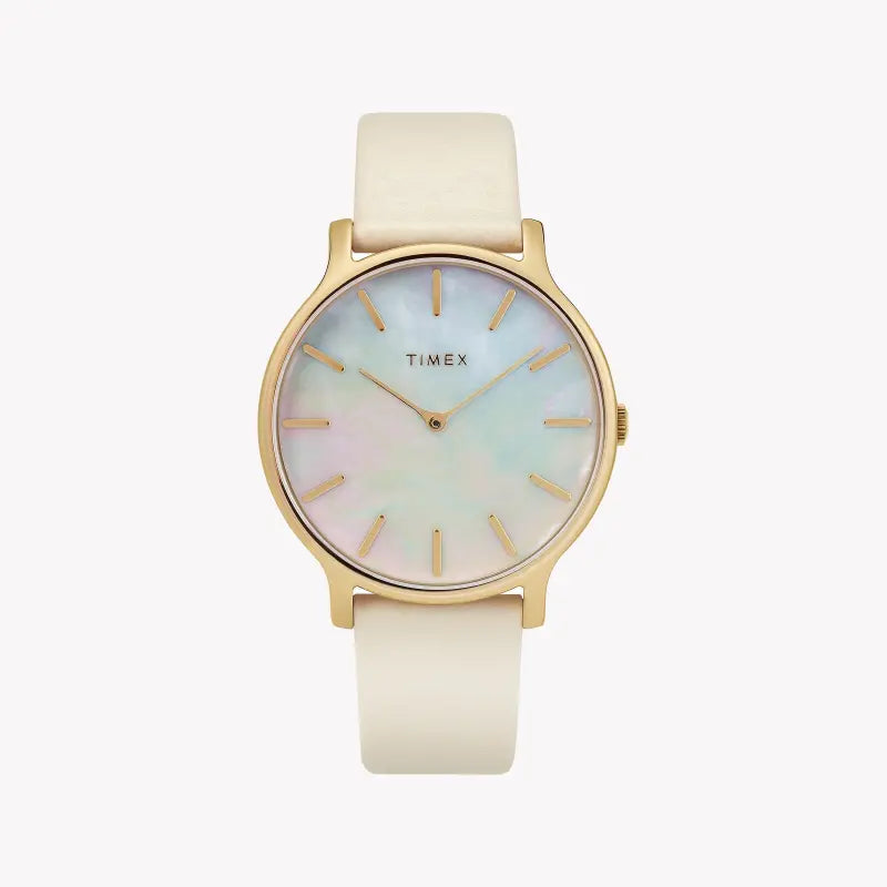 Timex Women's Off-White Leather Watch, Mother Of Pearl Dial | Tw2t35400
